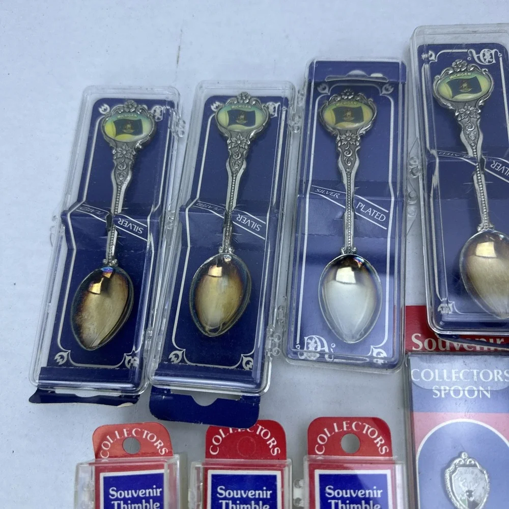 Lot of 37 Souvenir Spoons & Thimbles Michigan Silver Plated Collectors MicroView